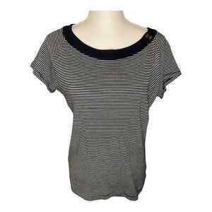 Chaps Classics Women’s Large Striped Navy‎ Blue/White T-shirt Button Accent